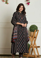 Black Ethnic Flair Printed Cotton Suit Set