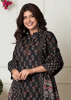 Black Ethnic Flair Printed Cotton Suit Set